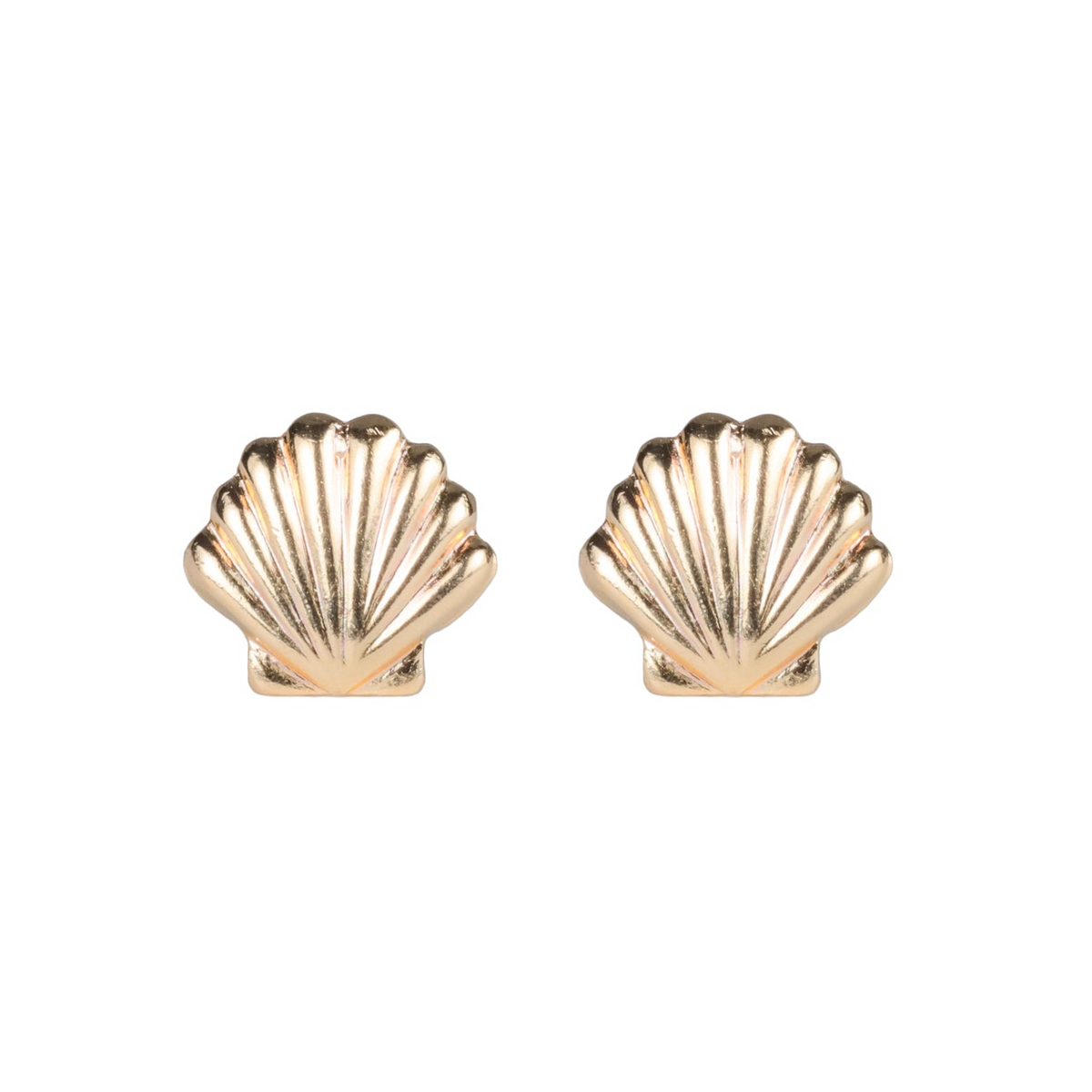 a pair of gold seashell earrings on a white background