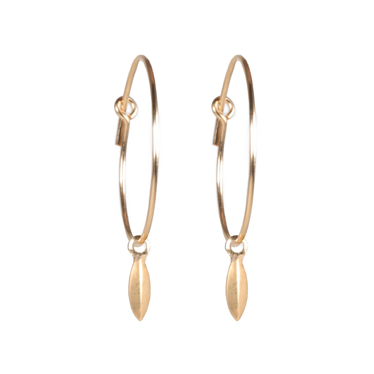 a pair of gold hoop earrings with a drop