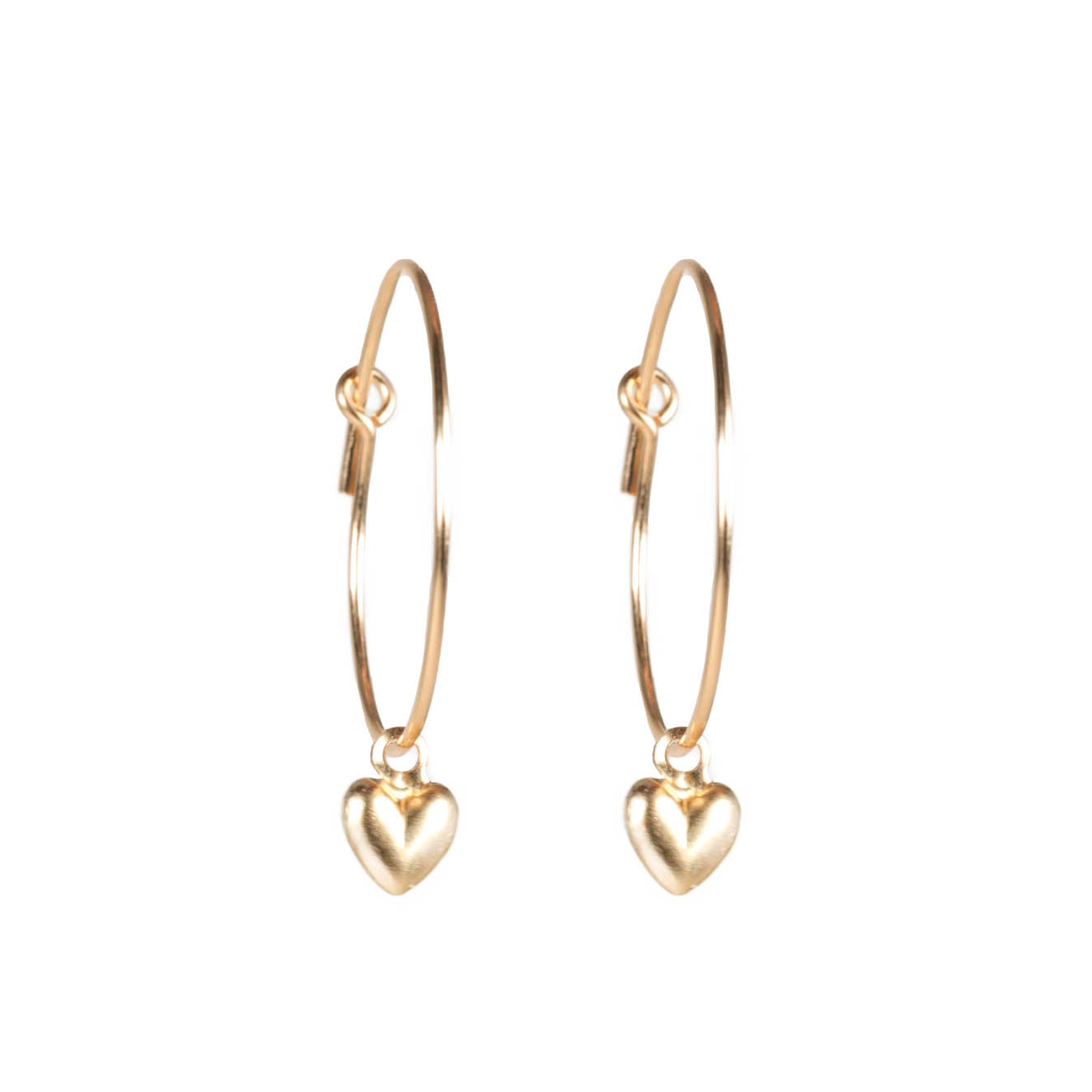 a pair of gold heart hoop earrings on a white background