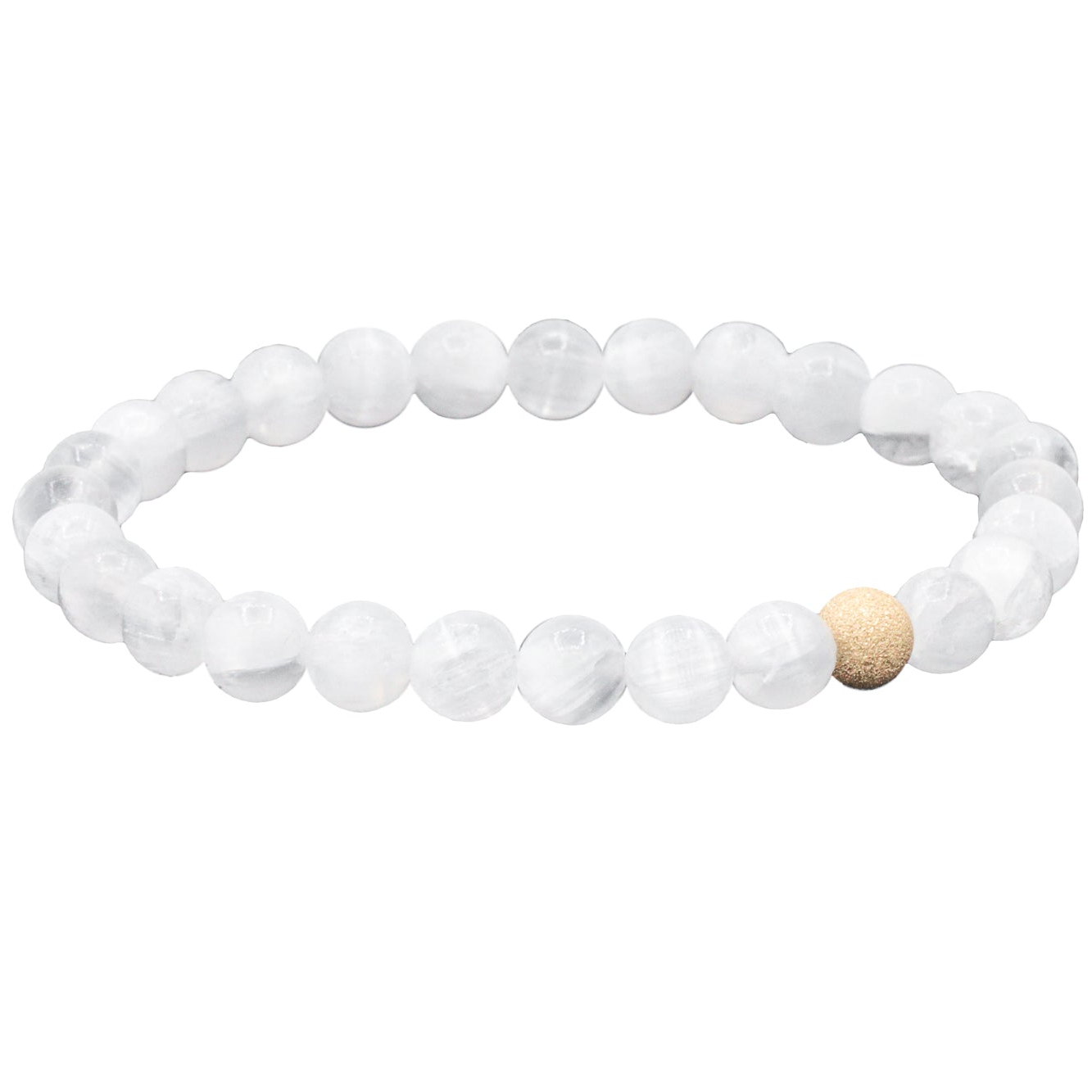 a white beaded bracelet with a gold bea