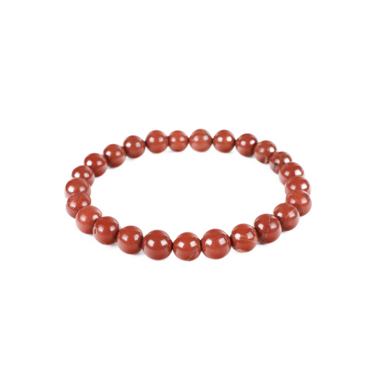 a red beaded bracelet on a white background