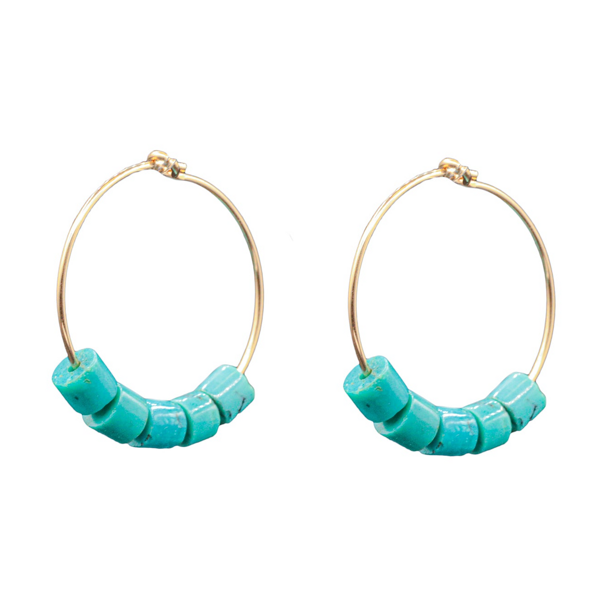 a pair of hoop earrings with turquoise beads