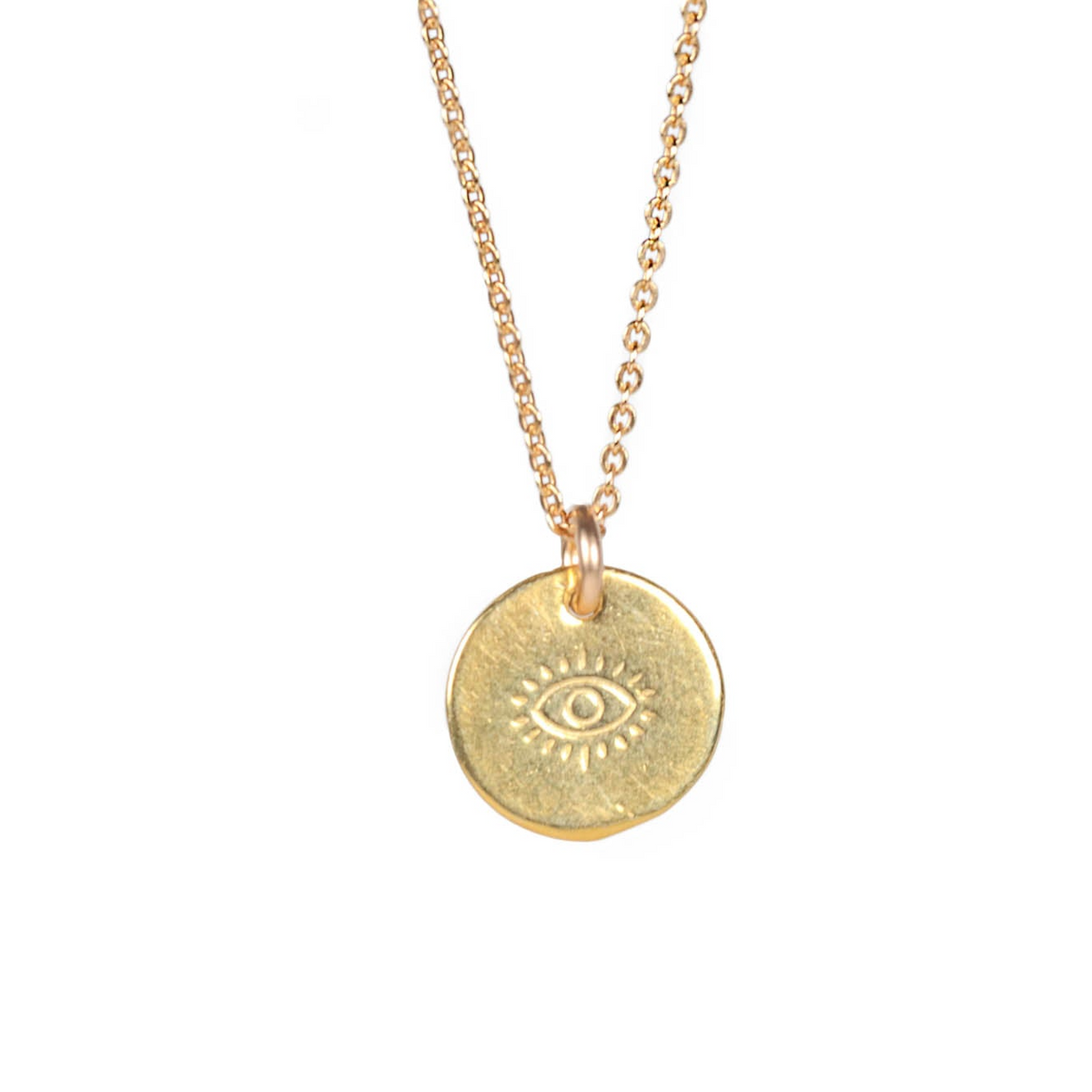 a gold necklace with an evil eye on it