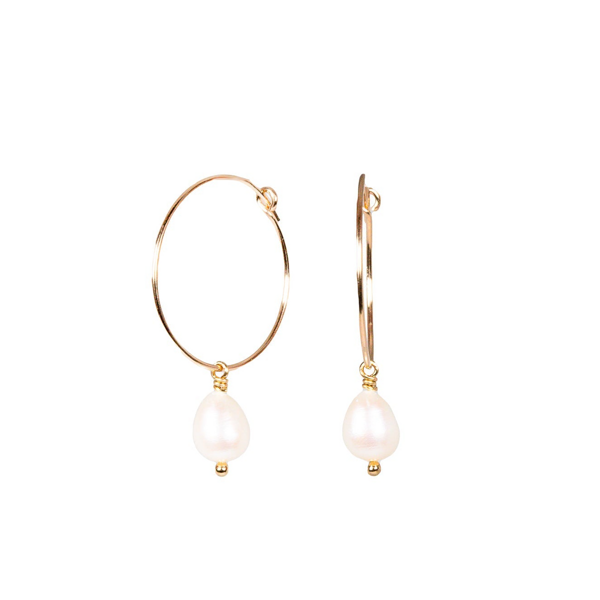 a pair of gold hoop earrings with pearls