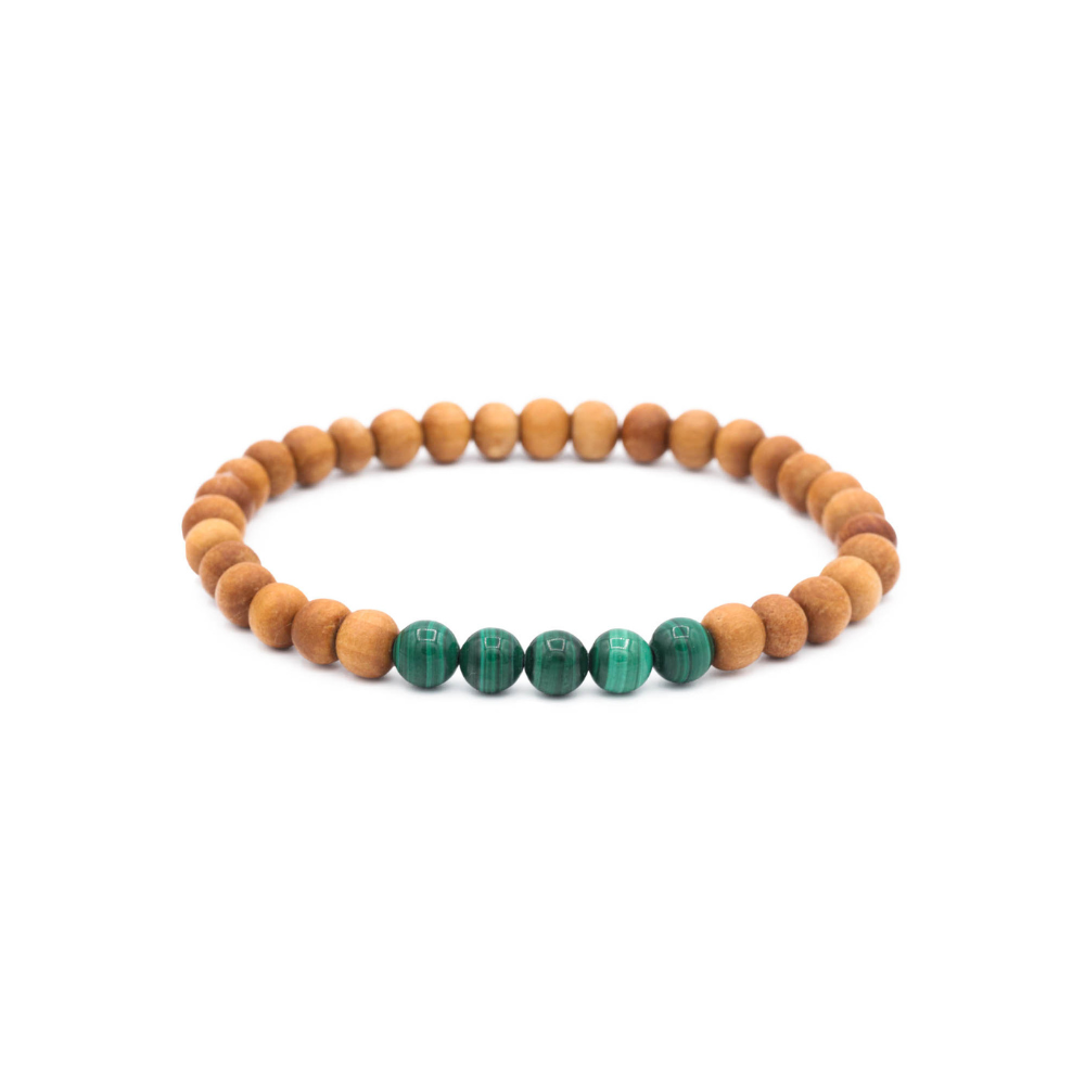 a bracelet with wooden beads and green beads