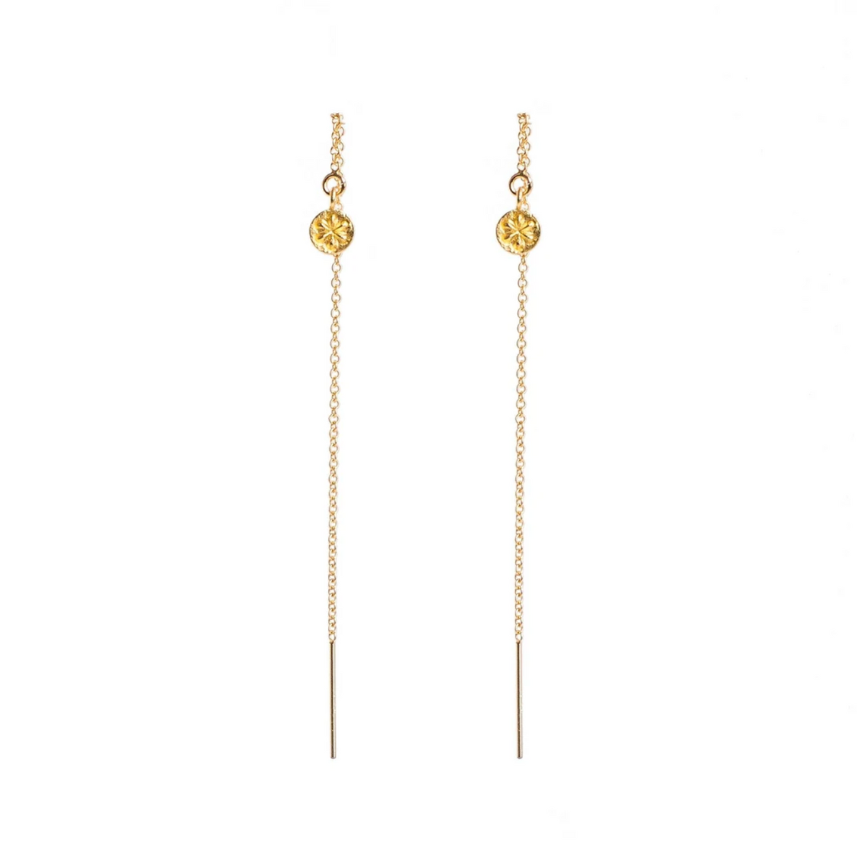 a pair of gold earrings on a white background