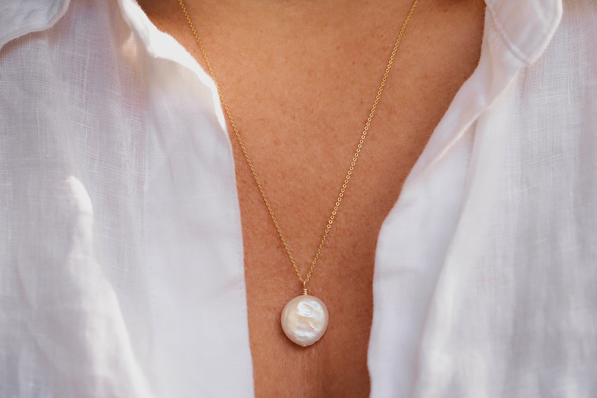 Pearl Disc Necklace - 14K gold filled