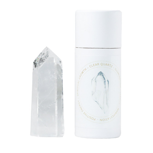 a clear quartz point next to a crystal stick