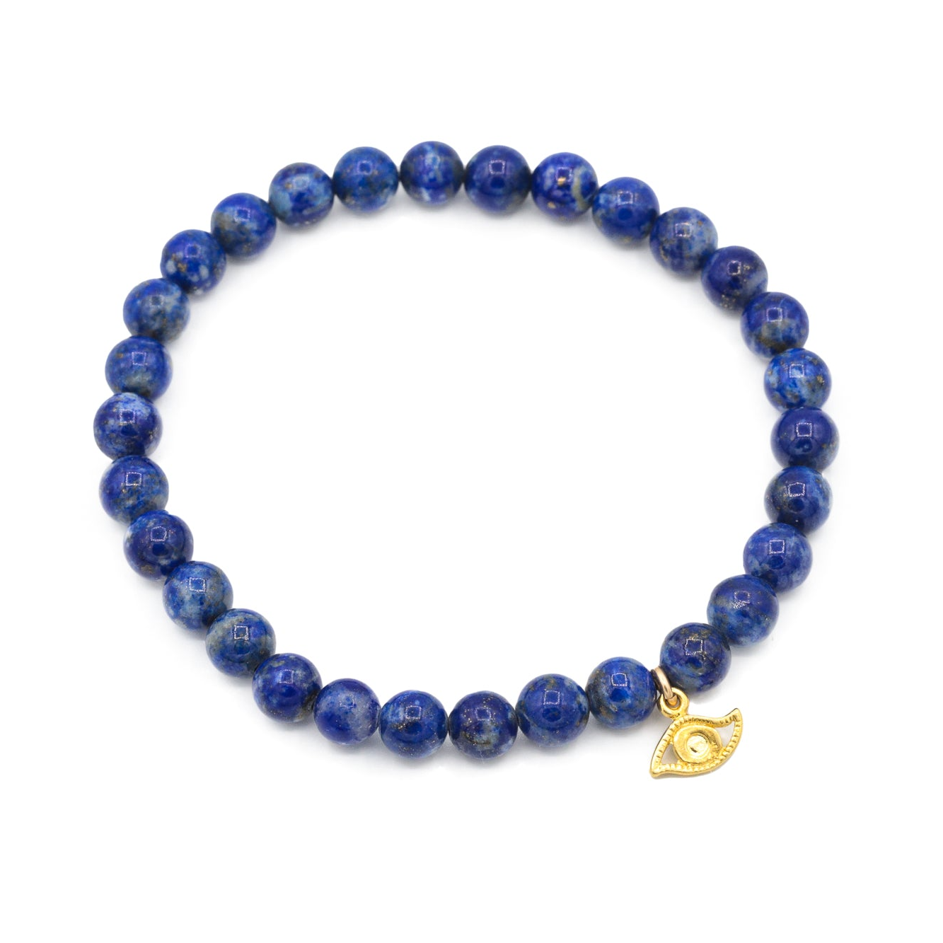 a blue beaded bracelet with a gold charm