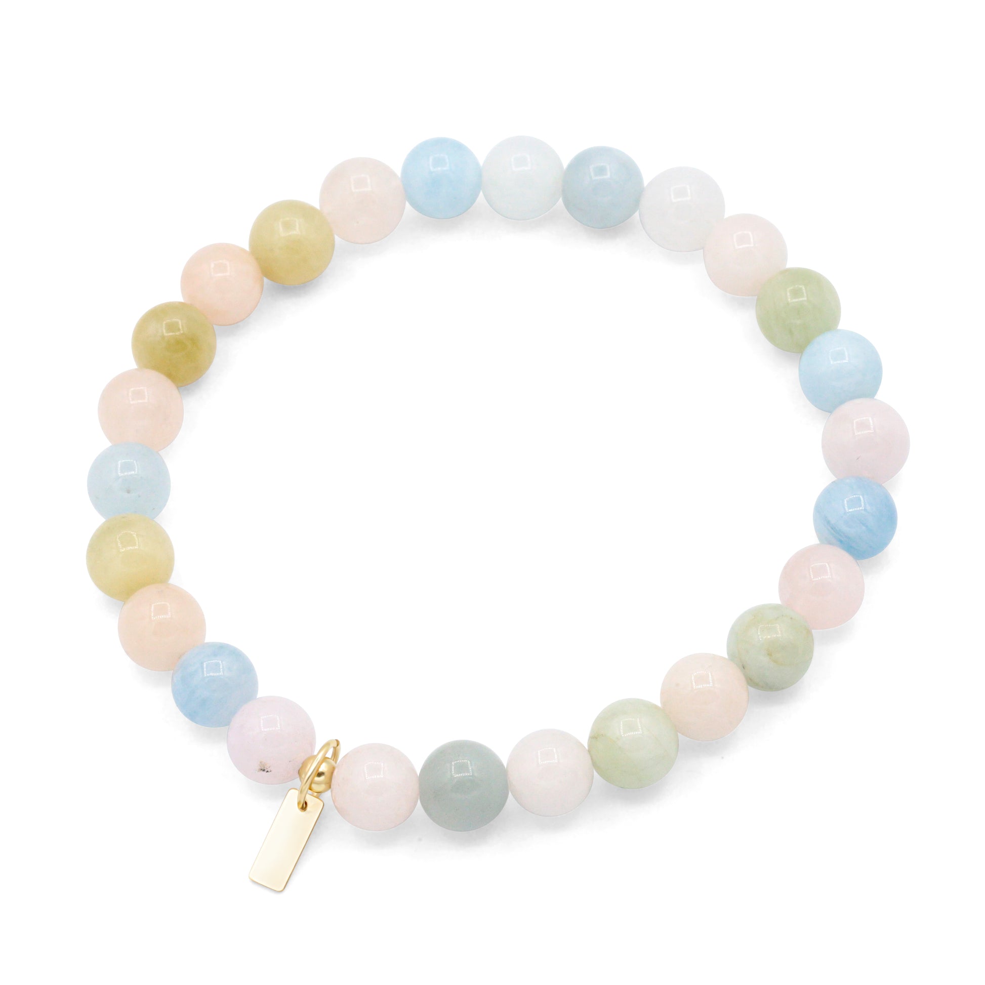 A bracelet made of colorful beads, including shades of blue, green, pink, and yellow, arranged in a circular pattern.