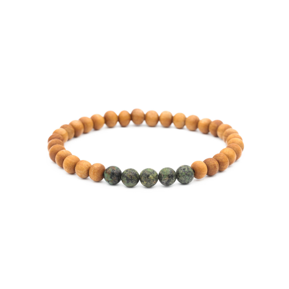 a beaded bracelet with wood beads